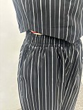 Fashionable V-neck Striped Button-up Vest Top and Suit Pants Set QZ-7178