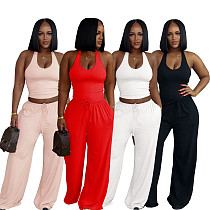 Solid-Color Casual Halter Top & High-Waisted Wide-Leg Pants Set With Pockets RS-TW839 Solid-Color Casual Halter Top & High-Waisted Wide-Leg Pants Set With Pockets RS-TW839