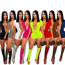 2026 Sexy Solid Color Deep V-Neck Slim Waist Bodycon Jumpsuit Shorts RS-TW829