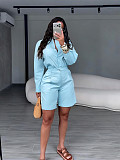 Fashionable Lapel Solid Color Casual Shorts and Long-Sleeved Shirt Set PMR-TW863