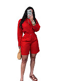Fashionable Lapel Solid Color Casual Shorts and Long-Sleeved Shirt Set PMR-TW863