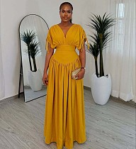 Fashion Solid Color V-Sleeve Elastic Waist High-Waisted Long Dress QZ-5634