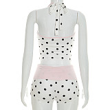 Fashionable and Fresh Fitted Halter Neck Polka Dot Color Block Set RS-26ST096