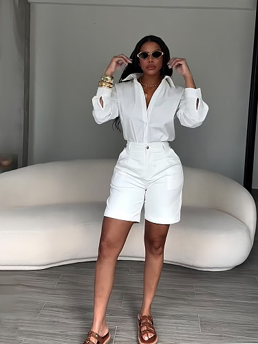 Fashionable Lapel Solid Color Casual Shorts and Long-Sleeved Shirt Set PMR-TW863