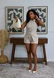 Sexy Lapel Button-Down Halter Neck Off-Shoulder Suit Vest and Shorts Two-Piece Set RS-M6001