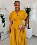Fashion Solid Color V-Sleeve Elastic Waist High-Waisted Long Dress QZ-5634