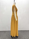 Fashion Solid Color V-Sleeve Elastic Waist High-Waisted Long Dress QZ-5634