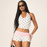 Fashionable and Fresh Fitted Halter Neck Polka Dot Color Block Set RS-26ST096