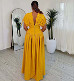 Fashion Solid Color V-Sleeve Elastic Waist High-Waisted Long Dress QZ-5634