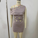 New Style Hollow-out Ring Fitted Gold Velvet Off-shoulder Top and Bodycon Mini Skirt Two-Piece Set RS-2624