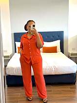 Casual Solid Color Loose Collared Cardigan Shirt Pants Set QZ-7358 Casual Solid Color Loose Collared Cardigan Shirt Pants Set QZ-7358