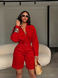 Fashionable Lapel Solid Color Casual Shorts and Long-Sleeved Shirt Set PMR-TW863