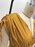 Fashion Solid Color V-Sleeve Elastic Waist High-Waisted Long Dress QZ-5634