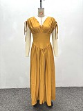 Fashion Solid Color V-Sleeve Elastic Waist High-Waisted Long Dress QZ-5634