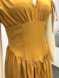 Fashion Solid Color V-Sleeve Elastic Waist High-Waisted Long Dress QZ-5634