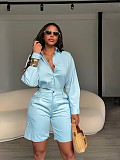 Fashionable Lapel Solid Color Casual Shorts and Long-Sleeved Shirt Set PMR-TW863