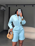 Fashionable Lapel Solid Color Casual Shorts and Long-Sleeved Shirt Set PMR-TW863