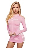 Pink Floral Print Slim Fit Zipper Long Sleeve Top and Bodycon Skirt Two-Piece Set FC-1461