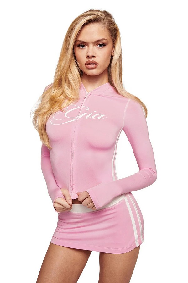 Pink Floral Print Slim Fit Zipper Long Sleeve Top and Bodycon Skirt Two-Piece Set FC-1461