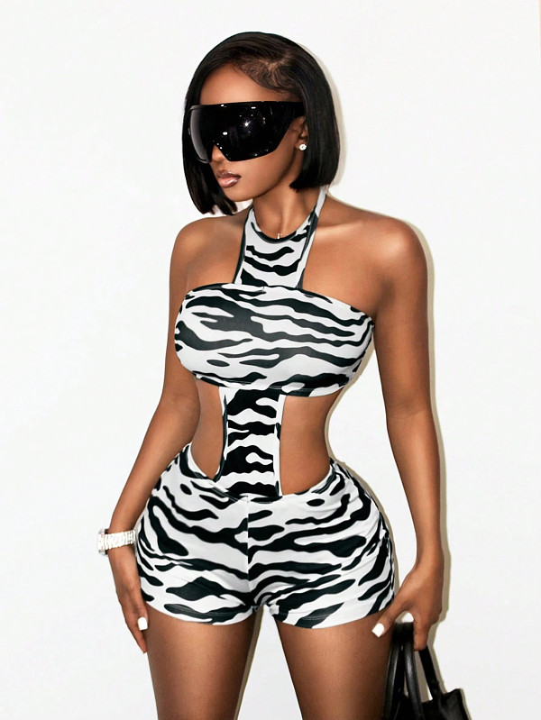 Sexy Zebra Print Stretch Backless Jumpsuit XS-26L2132