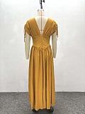 Fashion Solid Color V-Sleeve Elastic Waist High-Waisted Long Dress QZ-5634