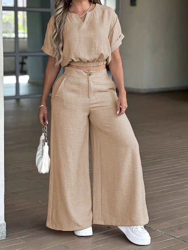 Spring/Summer Women's Simple Casual Round Neck Short-sleeved Top Wide-leg Pants Set ML-L319