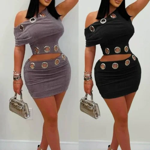 New Style Hollow-out Ring Fitted Gold Velvet Off-shoulder Top and Bodycon Mini Skirt Two-Piece Set RS-2624