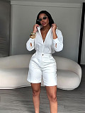 Fashionable Lapel Solid Color Casual Shorts and Long-Sleeved Shirt Set PMR-TW863