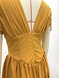 Fashion Solid Color V-Sleeve Elastic Waist High-Waisted Long Dress QZ-5634