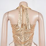 Fashion Sequin Mesh-Paneled Pleated, Lace-Up Halter-Neck High-Slit Dress NY-3863