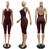 Sexy Halter Neck Deep V Polka Dot Slim Fit Elastic Jumpsuit Shorts CM-60402