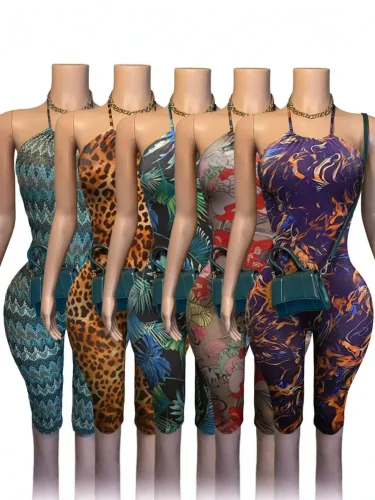 Fashion Printed Stretch Halter Neck Backless Slim Fit Jumpsuit YUNM-59055