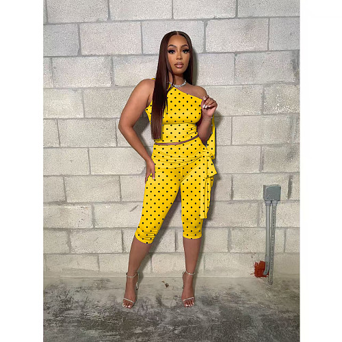 Fashionable Off-Shoulder Tie-Up Polka Dot Print Two-Piece Set TK-6351