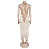 Fashion Sequin Mesh-Paneled Pleated, Lace-Up Halter-Neck High-Slit Dress NY-3863