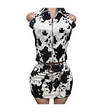 Fashion Denim Cow Print Sleeveless High-Waisted Mini A-Line Skirt Two-Piece Set MEM-88693