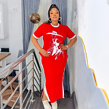 Fashionable Round Neck Printed Short Sleeve Casual Long Dress CYA-902334