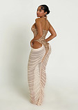 Fashion Sequin Mesh-Paneled Pleated, Lace-Up Halter-Neck High-Slit Dress NY-3863