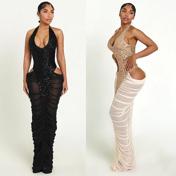 Fashion Sequin Mesh-Paneled Pleated, Lace-Up Halter-Neck High-Slit Dress NY-3863