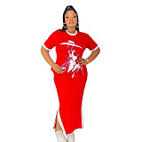 Fashionable Round Neck Printed Short Sleeve Casual Long Dress CYA-902334