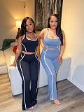 Casual High-Waisted Color-Blocked Vest and Flared Wide-Leg Pants Suit CM-60405