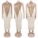 Fashion Sequin Mesh-Paneled Pleated, Lace-Up Halter-Neck High-Slit Dress NY-3863