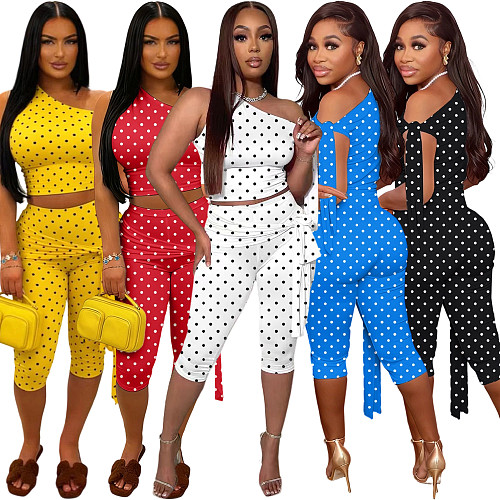 Fashionable Off-Shoulder Tie-Up Polka Dot Print Two-Piece Set TK-6351