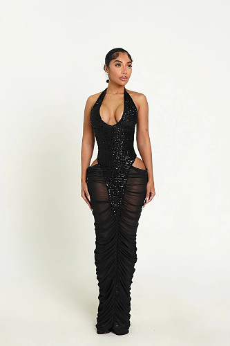 Fashion Sequin Mesh-Paneled Pleated, Lace-Up Halter-Neck High-Slit Dress NY-3863