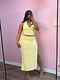 Fashion Polka Dot Print Halter Neck Backless Slit Gathered Two-Piece Set RS-26002