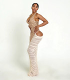 Fashion Sequin Mesh-Paneled Pleated, Lace-Up Halter-Neck High-Slit Dress NY-3863