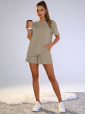 Solid Color Pullover Short-Sleeve Casual Shorts Two-Piece Set SSN-211526