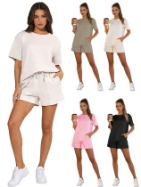 Solid Color Pullover Short-Sleeve Casual Shorts Two-Piece Set SSN-211526 Solid Color Pullover Short-Sleeve Casual Shorts Two-Piece Set SSN-211526