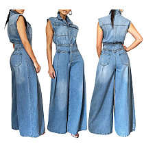 Casual Washed Sleeveless Denim Wide-Leg Jumpsuit TR-1300