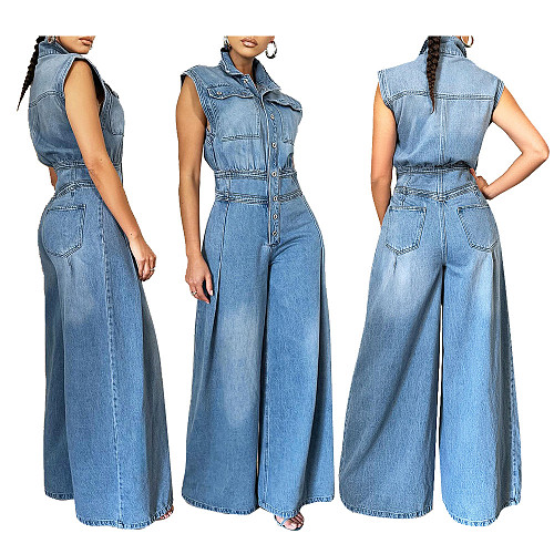 Casual Washed Sleeveless Denim Wide-Leg Jumpsuit TR-1300