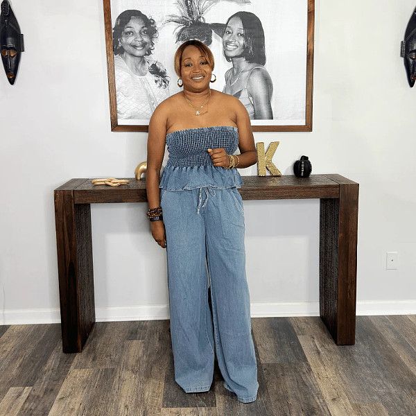 2026 Fashionable Strapless Wide-Leg Denim Pants Set RS-639